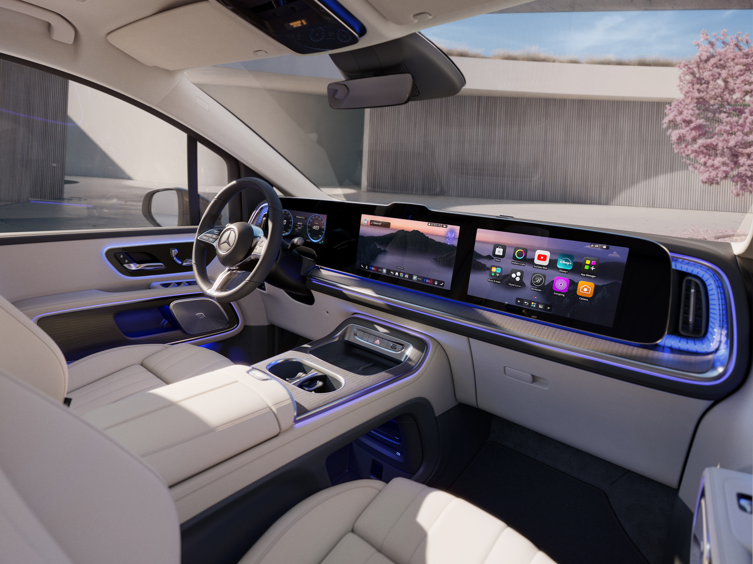 Puesto de conducción | VLE | Mercedes-Benz El elegante puesto de conducción, cuya estética está inspirada en el diseño de muebles, con tres visualizadores.