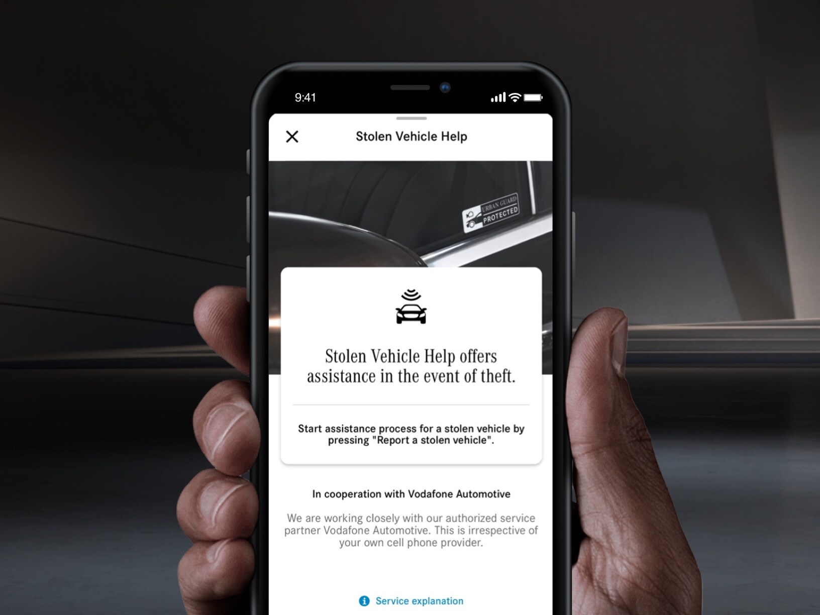 La Asistencia en caso de robo del vehículo se ofrece a través del extra digital GUARD 360° en un smartphone en una aplicación Mercedes me.