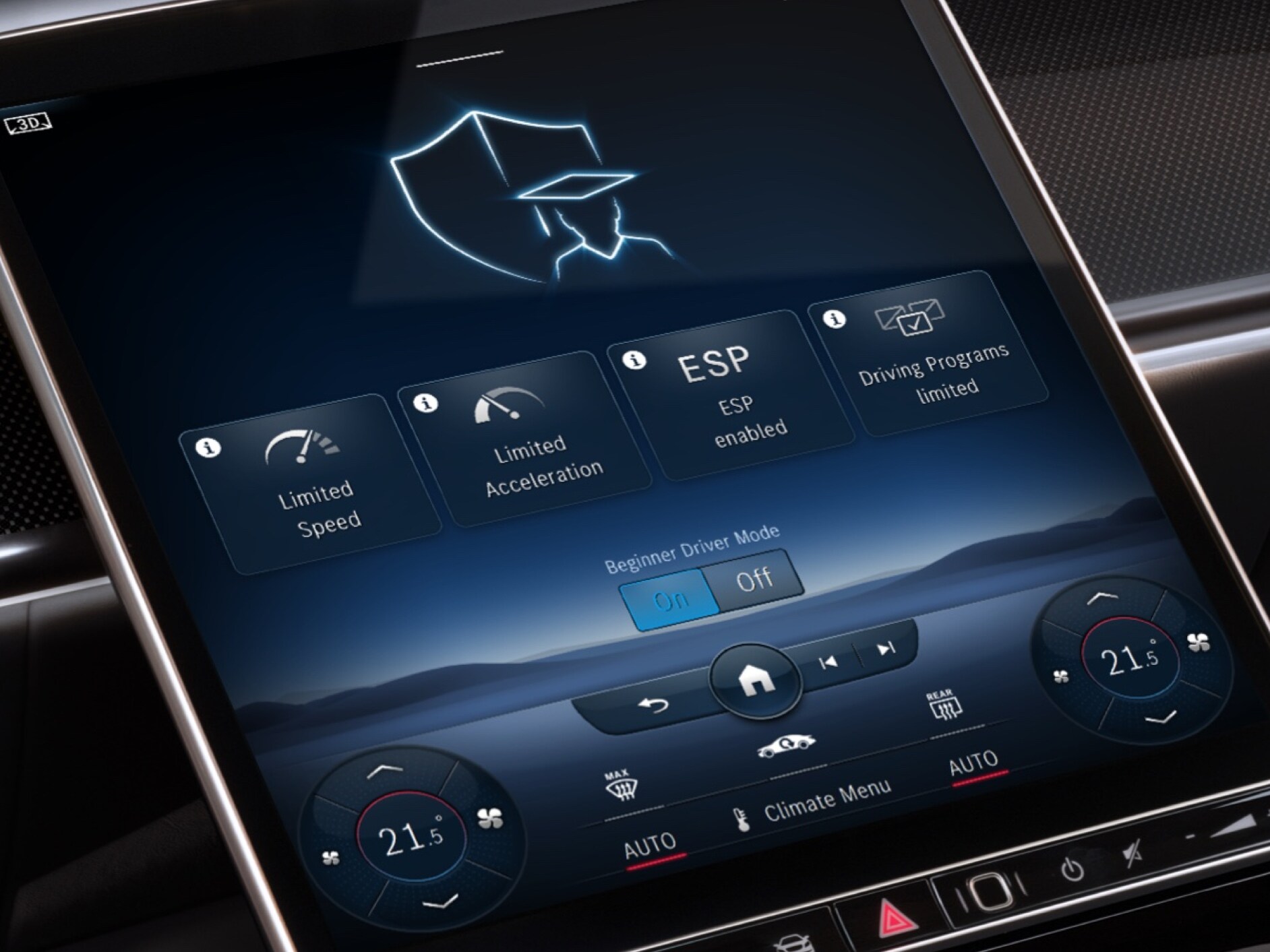 En la pantalla del sistema multimedia MBUX se muestra el menú del extra digital Alerta de velocidad al exceder la velocidad máxima ajustada.