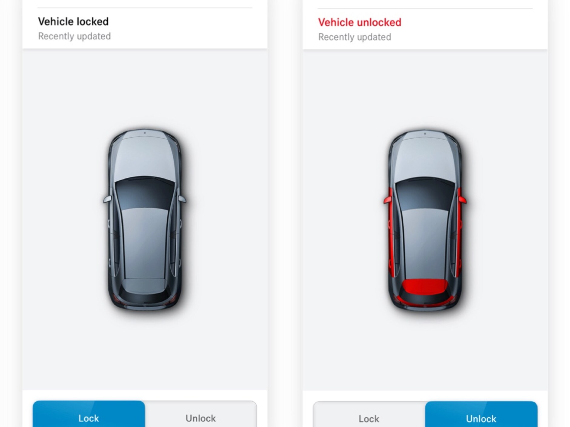 En un smartphone se ven las diferentes pantallas que aparecen cuando el extra digital Apertura y cierre remotos de las puertas detecta que no todas las puertas están bloqueadas.