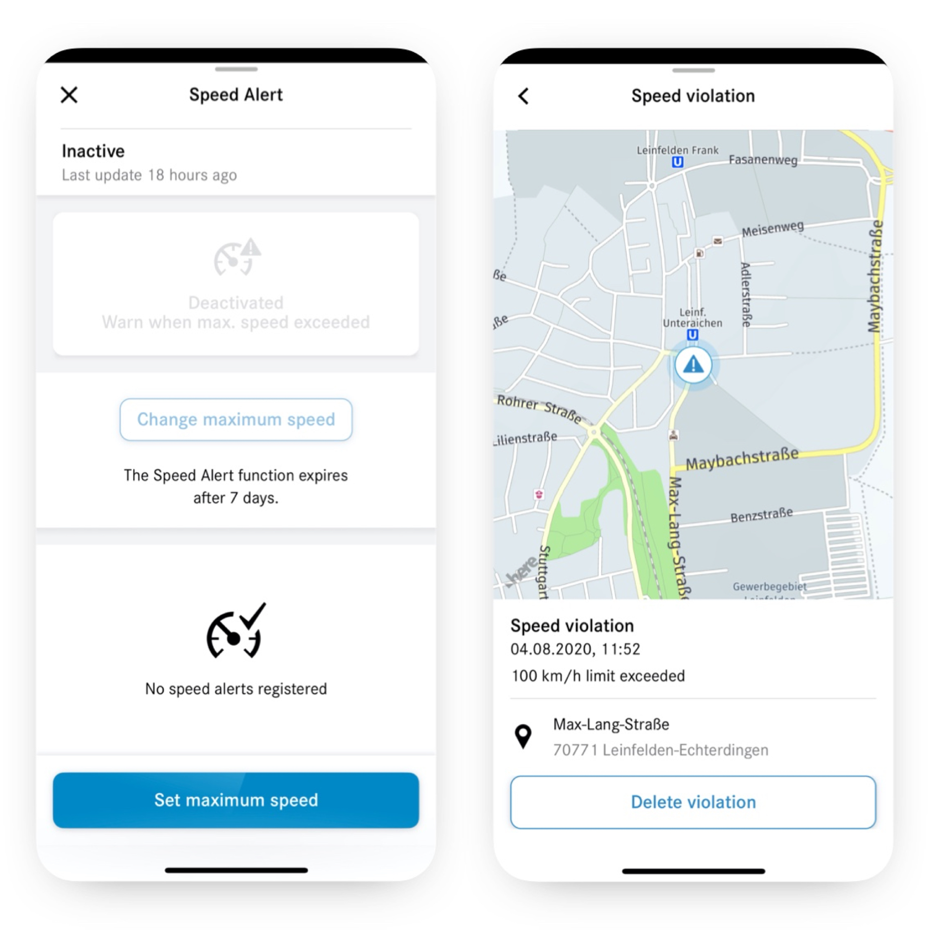 Alerta de velocidad | Paquete Excellence | Mercedes-Benz En un smartphone se ven las diferentes pantallas que aparecen cuando el extra digital Alerta de velocidad está activado y detecta una infracción.