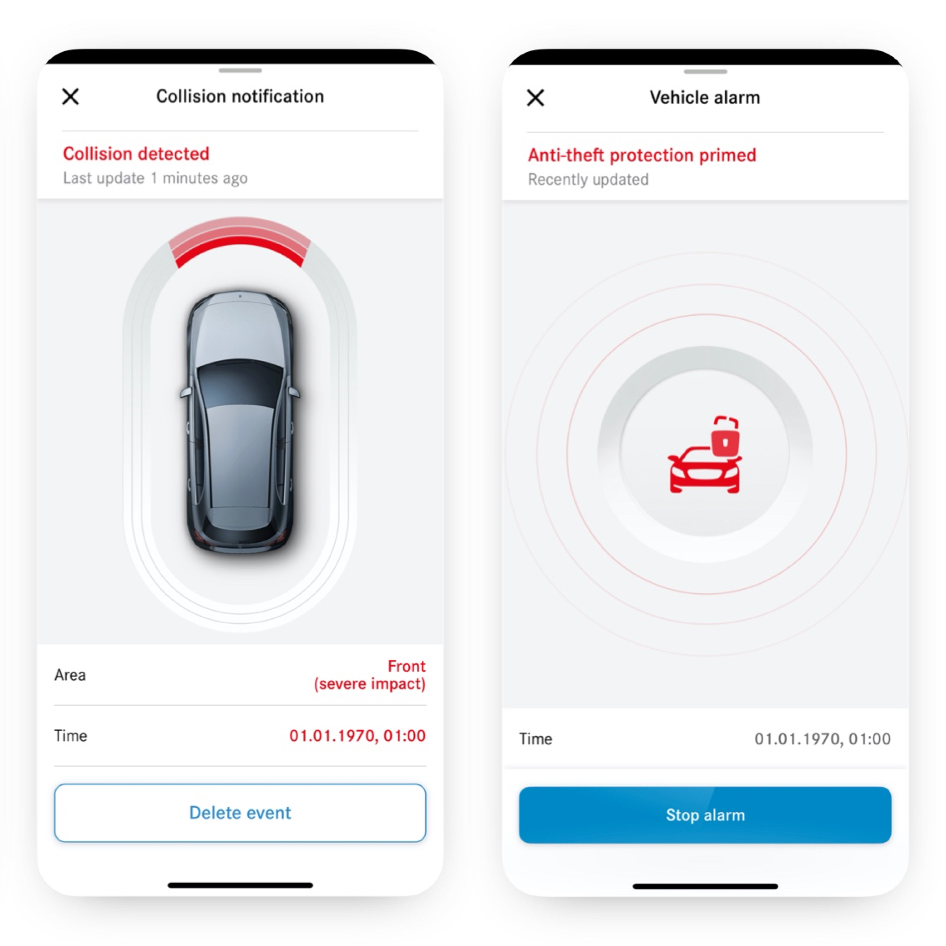 Notificación de robo con detección de colisiones | Paquete Excellence | Mercedes-Benz En un smartphone con el extra digital Notificación de robo con detección de colisiones se muestra que se ha producido una colisión.