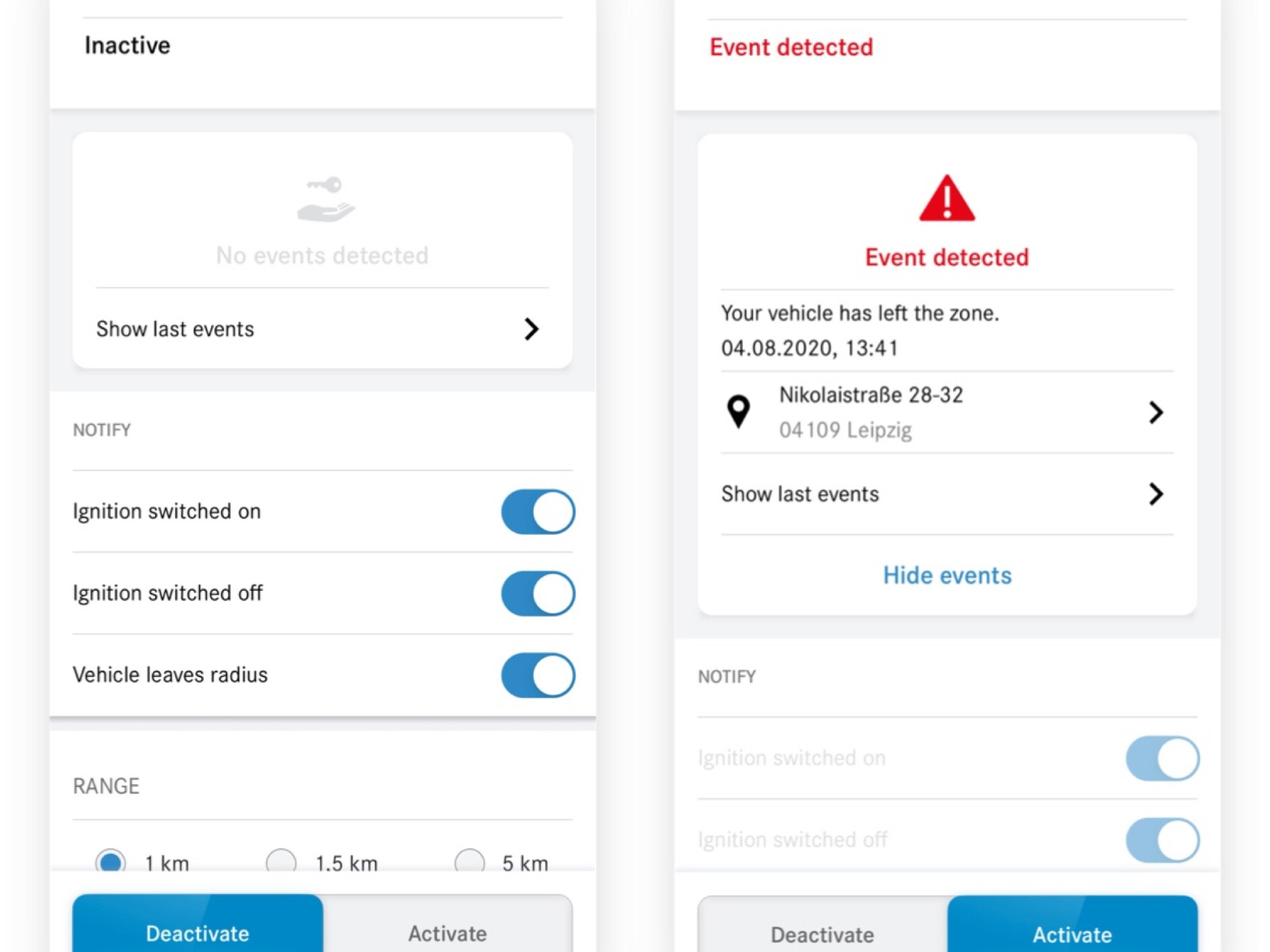 Aquí puedes ver en un smartphone las diferentes pantallas que aparecen cuando el extra digital Alerta del vehículo estacionado detecta una infracción.