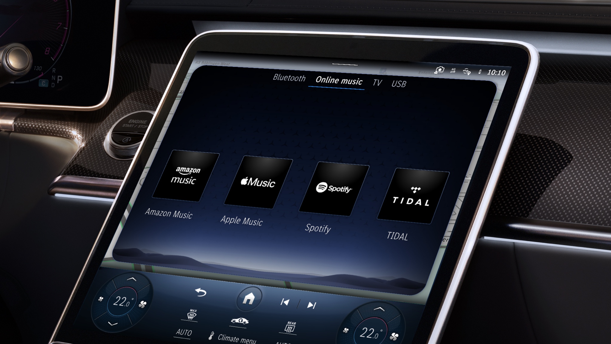 Music Streaming | Entretenimiento | Mercedes-Benz El sistema multimedia MBUX de un Mercedes-Benz muestra diferentes servicios de streaming de audio.