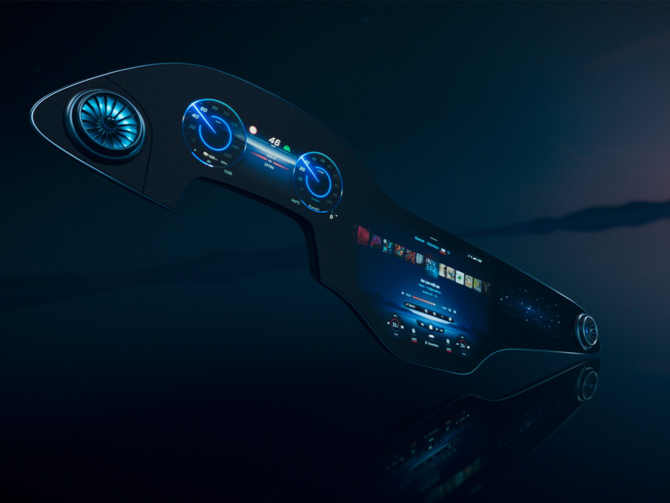 Visualizador MBUX flotando libremente en un espacio imaginario.