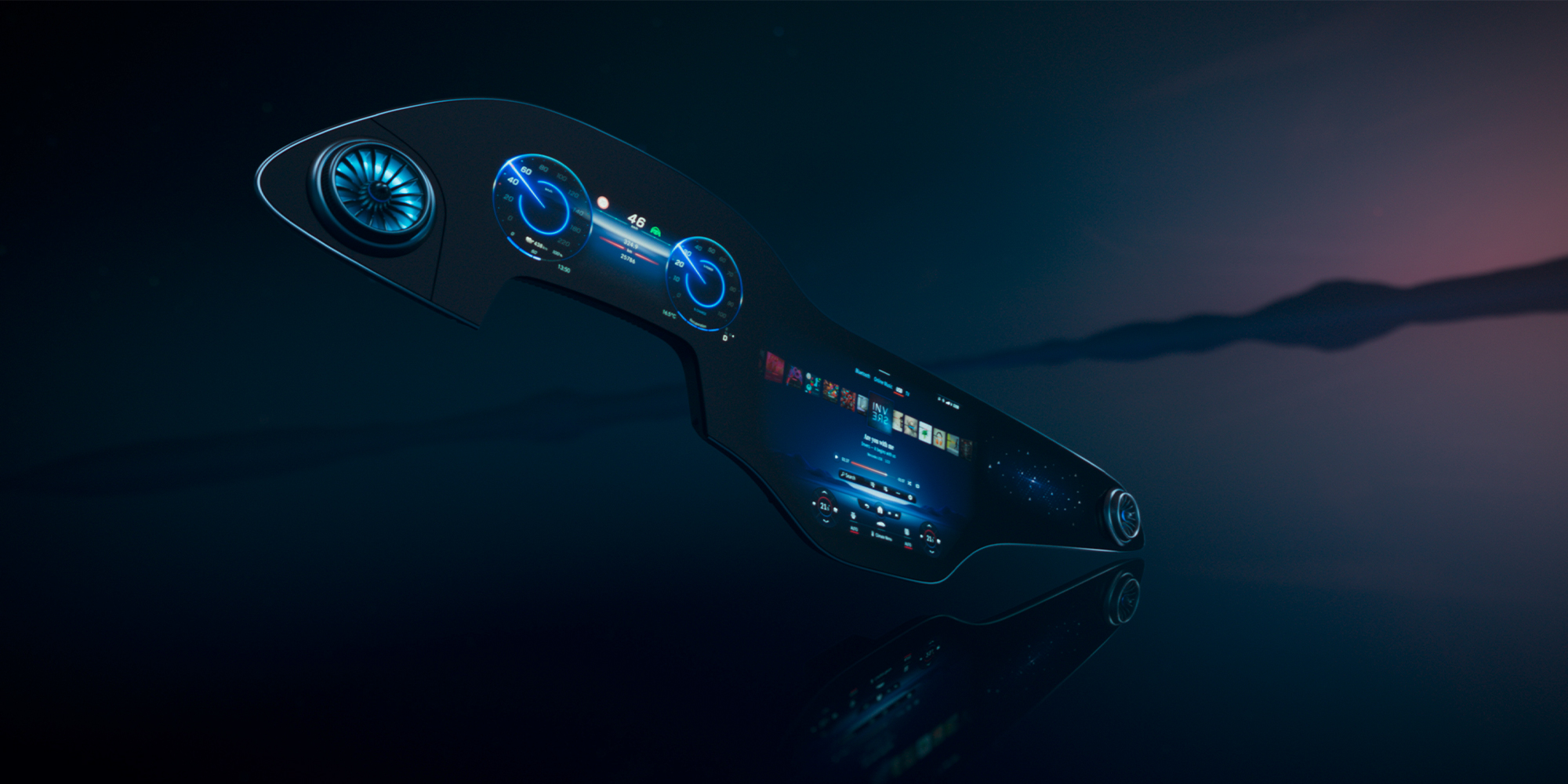 Entretenimiento | Sistema multimedia MBUX | Mercedes-Benz Visualizador MBUX flotando libremente en un espacio imaginario.