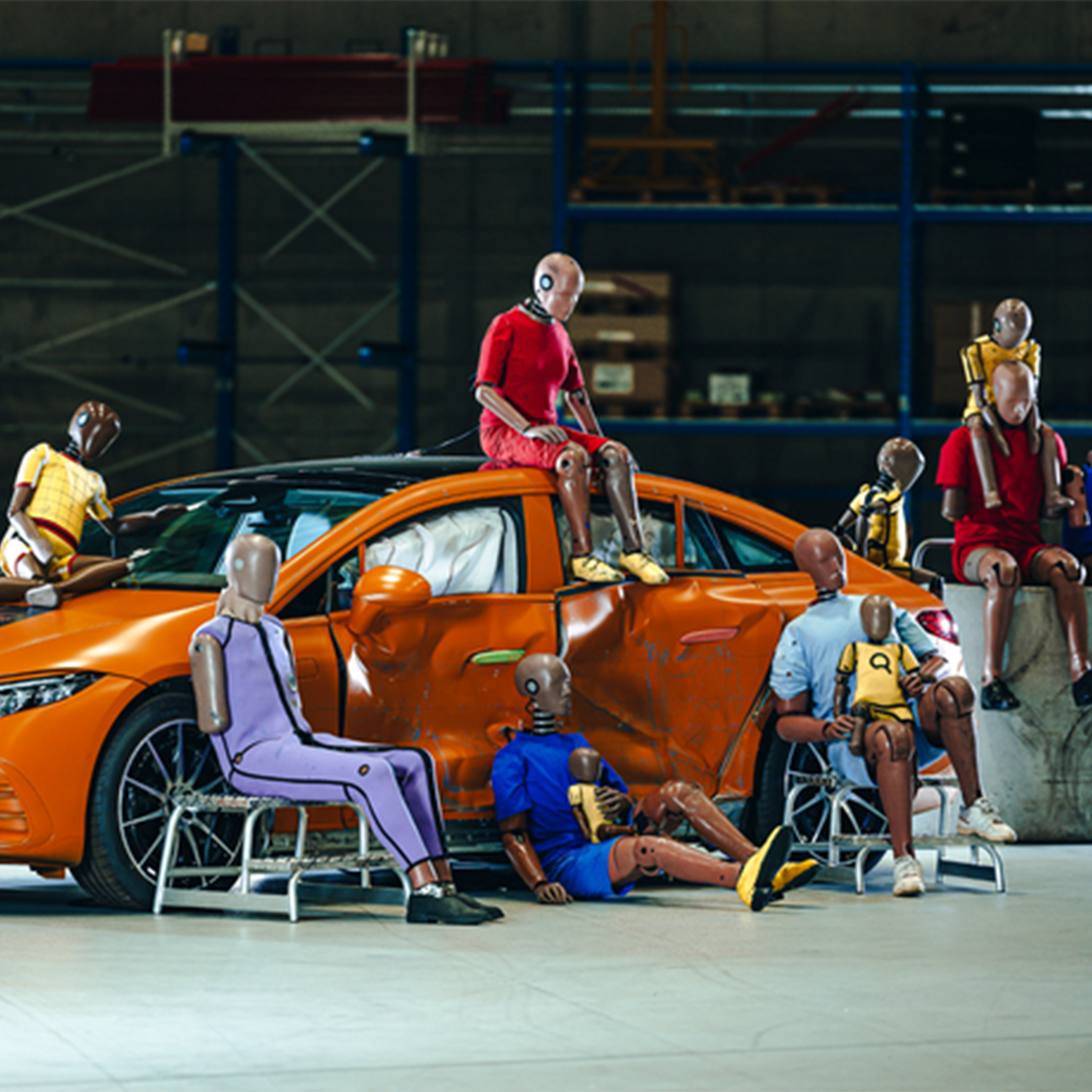 Maniquíes de pruebas de choque | Seguridad | Mercedes-Benz Múltiples maniquíes de pruebas de choque sentados sobre y alrededor de un coche Mercedes-Benz.