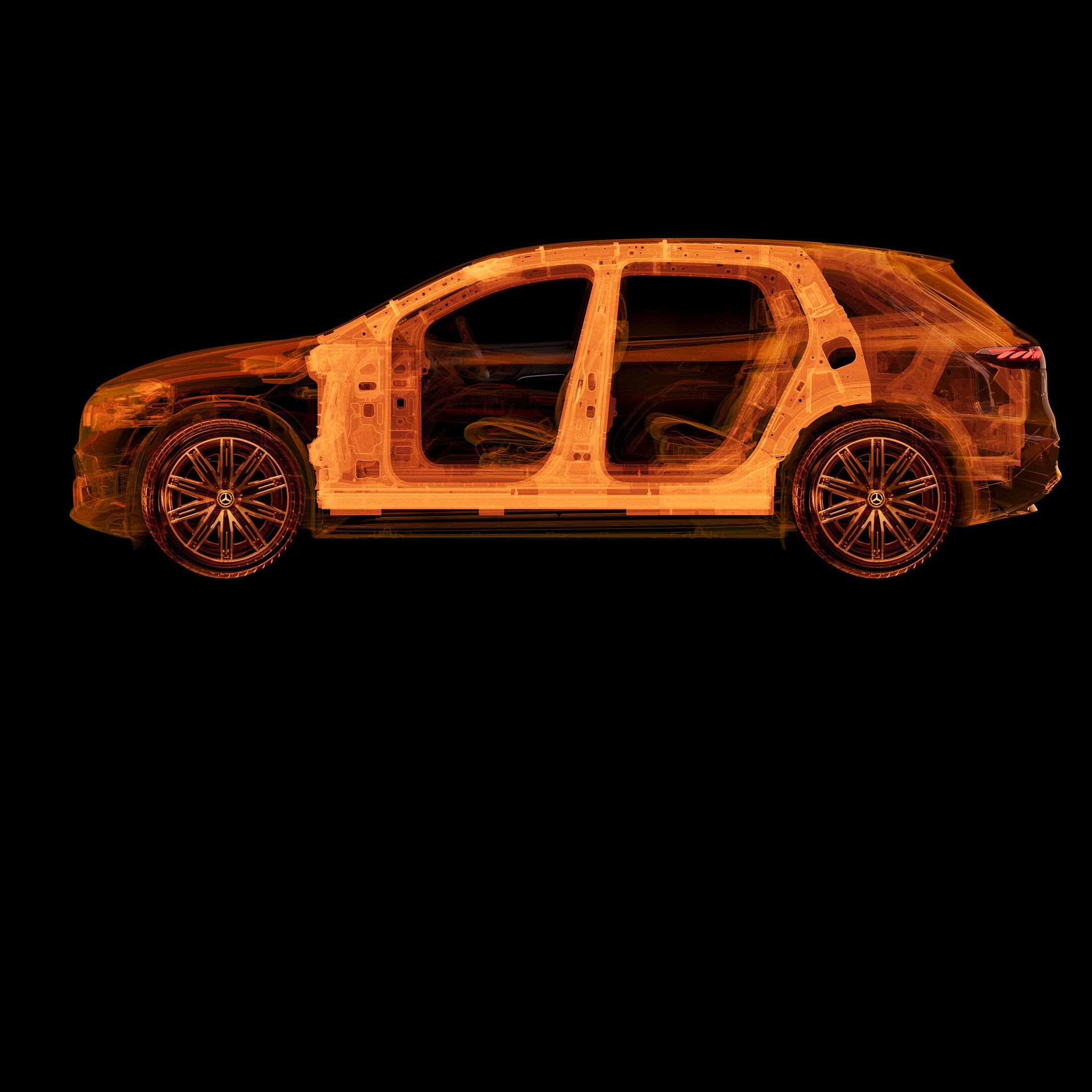 Vista lateral transparente de un automóvil Mercedes-Benz mostrando las estructuras interiores.