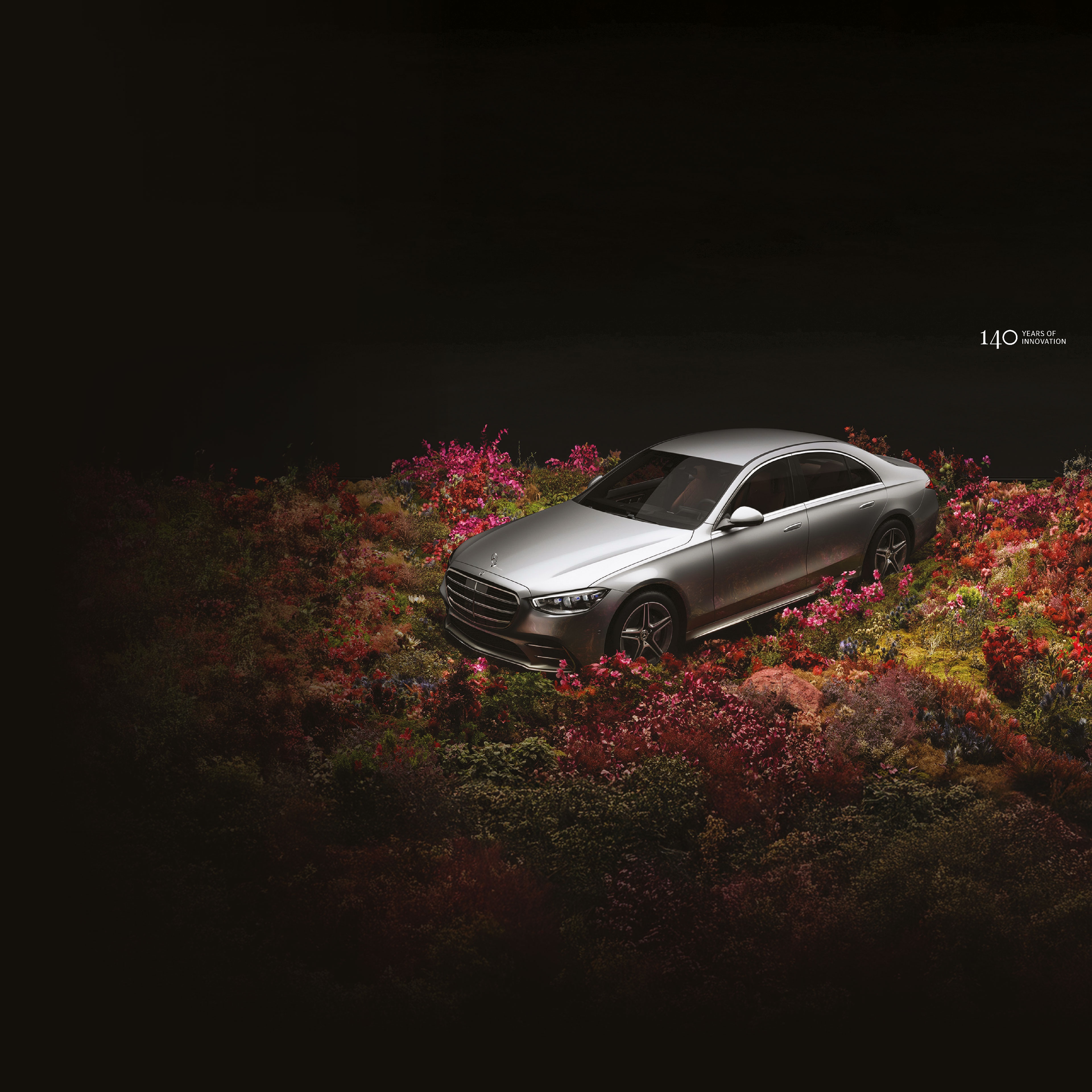 Tecnología | Mercedes-Benz Un Mercedes-Benz Clase S en un campo de flores.