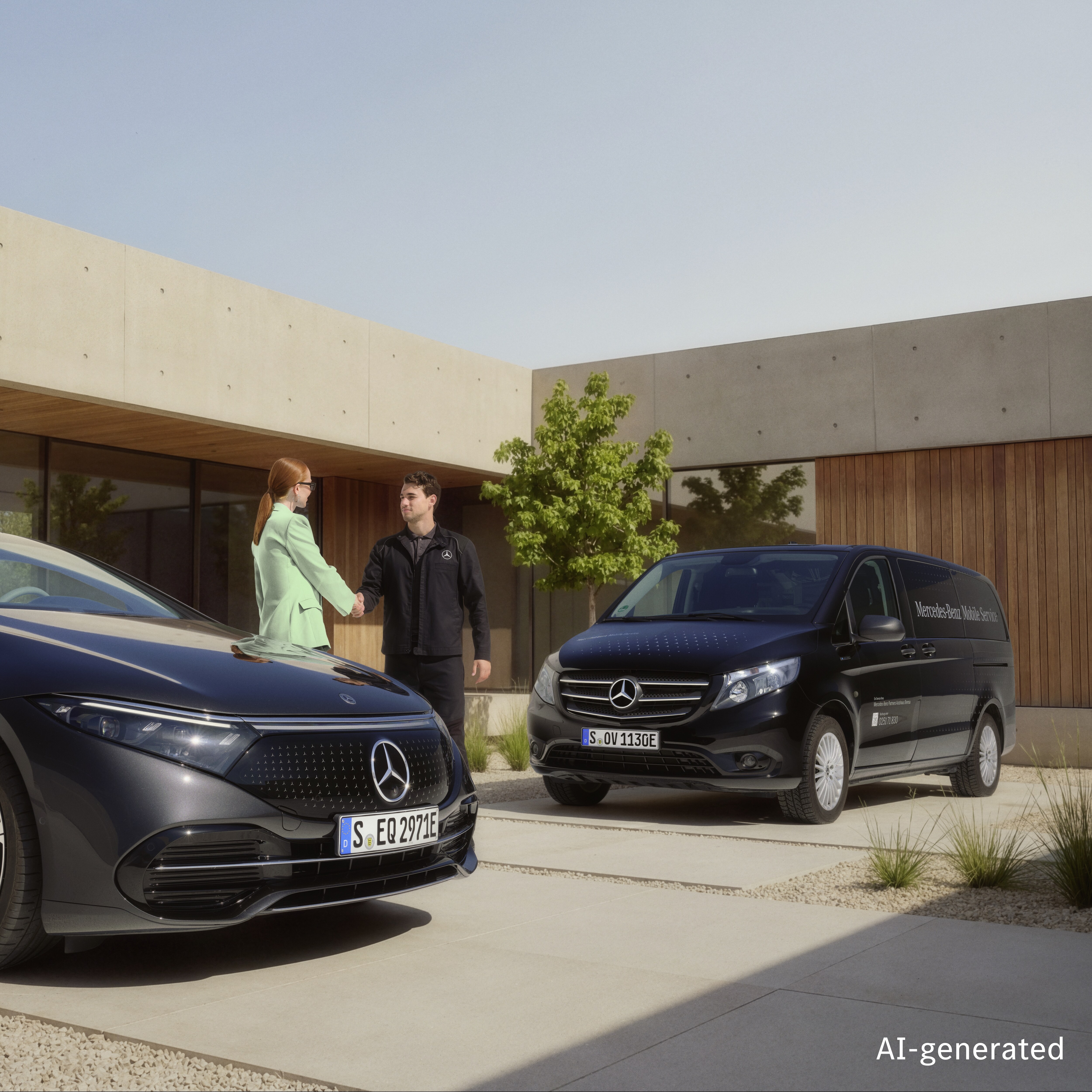 Un técnico del servicio móvil Mercedes-Benz saluda a un cliente con un apretón de manos en el exterior de una casa moderna, con un Mercedes-Benz aparcado en la entrada y un furgón de servicio móvil cerca.