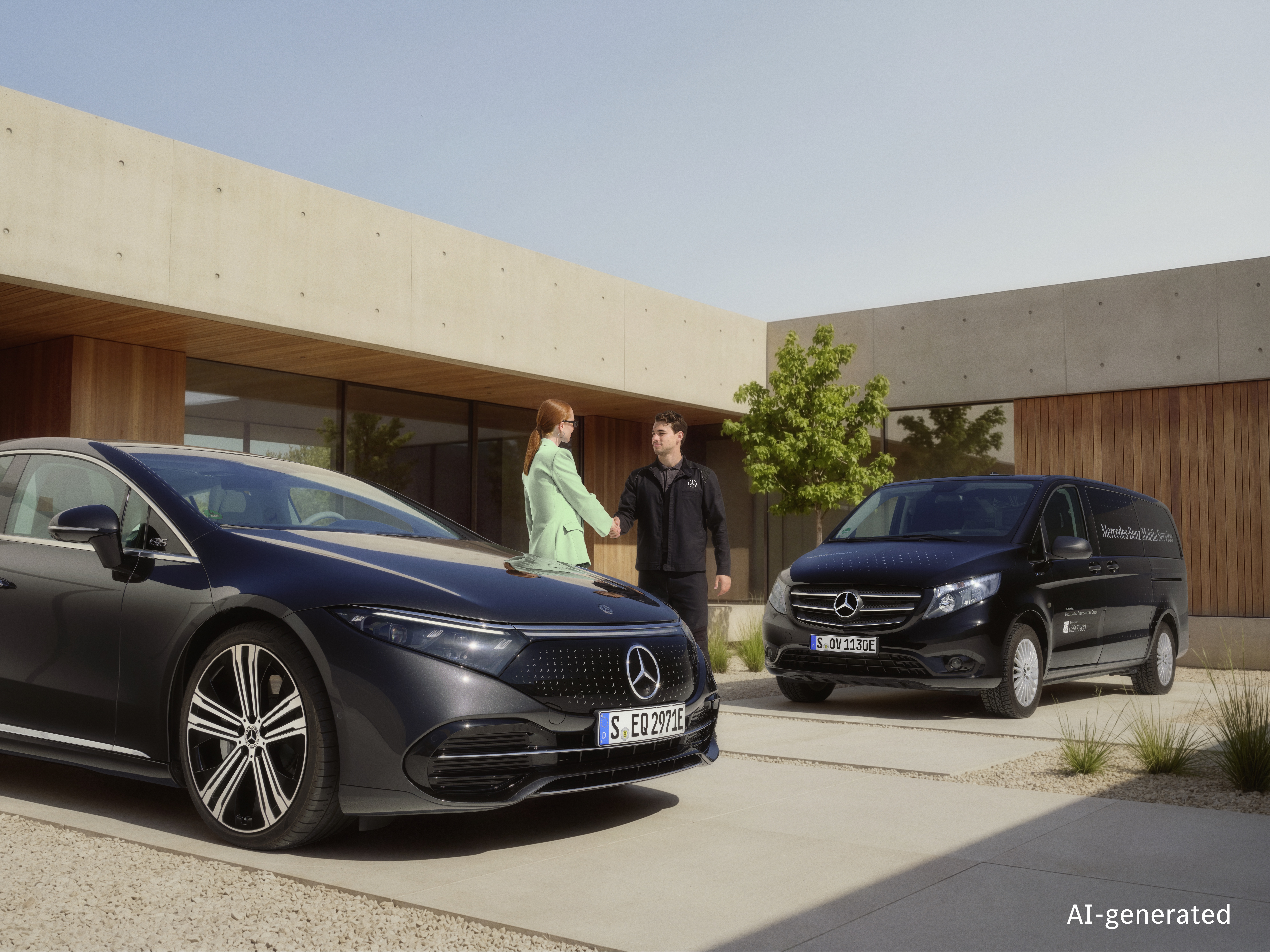 Servicio móvil Mercedes Benz a domicilio Un técnico del servicio móvil Mercedes-Benz saluda a un cliente con un apretón de manos en el exterior de una casa moderna, con un Mercedes-Benz aparcado en la entrada y un furgón de servicio móvil cerca.