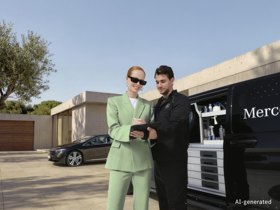 Servicio móvil Mercedes-Benz: Comprobación del motor Un técnico de servicio móvil de Mercedes-Benz revisando documentos digitales con un cliente junto a un furgón de servicio móvil totalmente equipado, con un vehículo Mercedes-Benz aparcado al fondo en el exterior de una moderna vivienda.