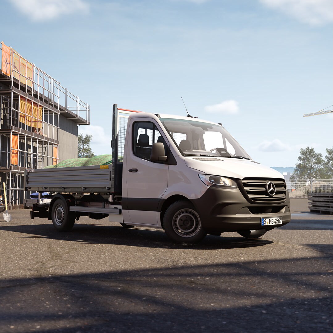 Mercedes-Benz Sprinter con carrocería con volquete trilateral de Dautel situada en una obra: una solución de vehículo robusto para la construcción, los gremios y el transporte de materiales.