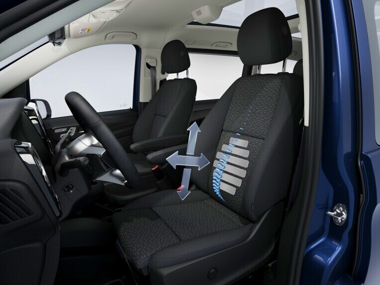 El soporte lumbar con 4 vías de ajuste para los asientos de conductor y acompañante en el Mercedes-Benz Vito.