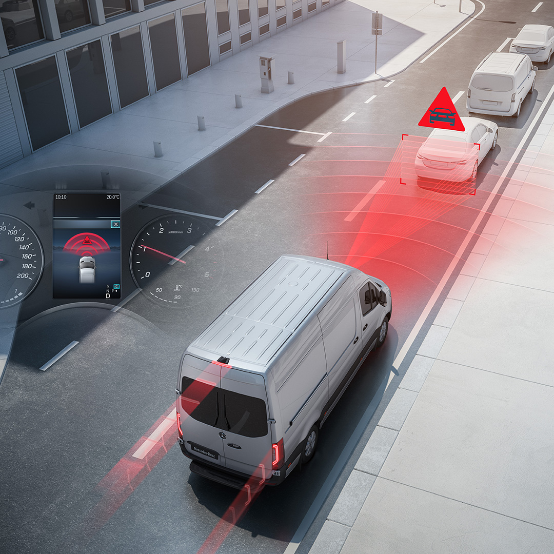 Sistemas de asistencia a la conducción | Sprinter Furgón | Mercedes-Benz Sistema de asistencia a la conducción visualizado en el tránsito rodado con el furgón Mercedes-Benz Sprinter (Panel Van).