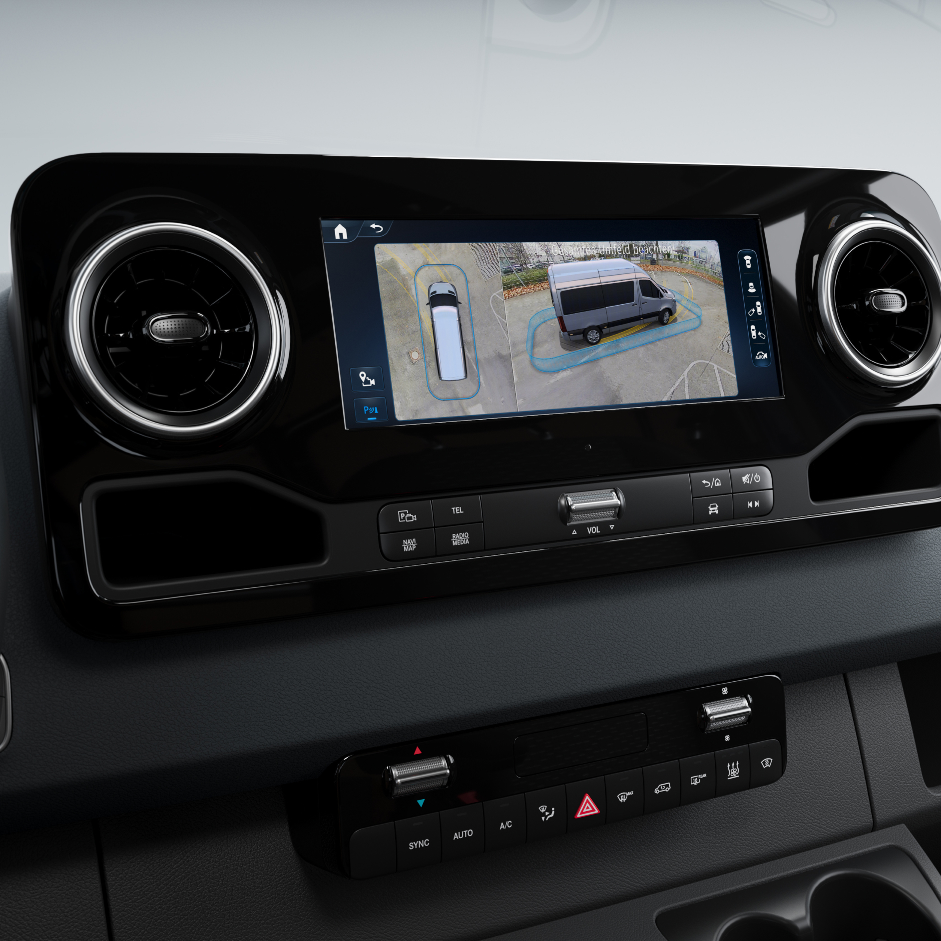Sistema multimedia MBUX | Visión omnidireccional en 3D | Mercedes-Benz La visión omnidireccional en 3D del sistema multimedia MBUX en una furgoneta Mercedes-Benz.
