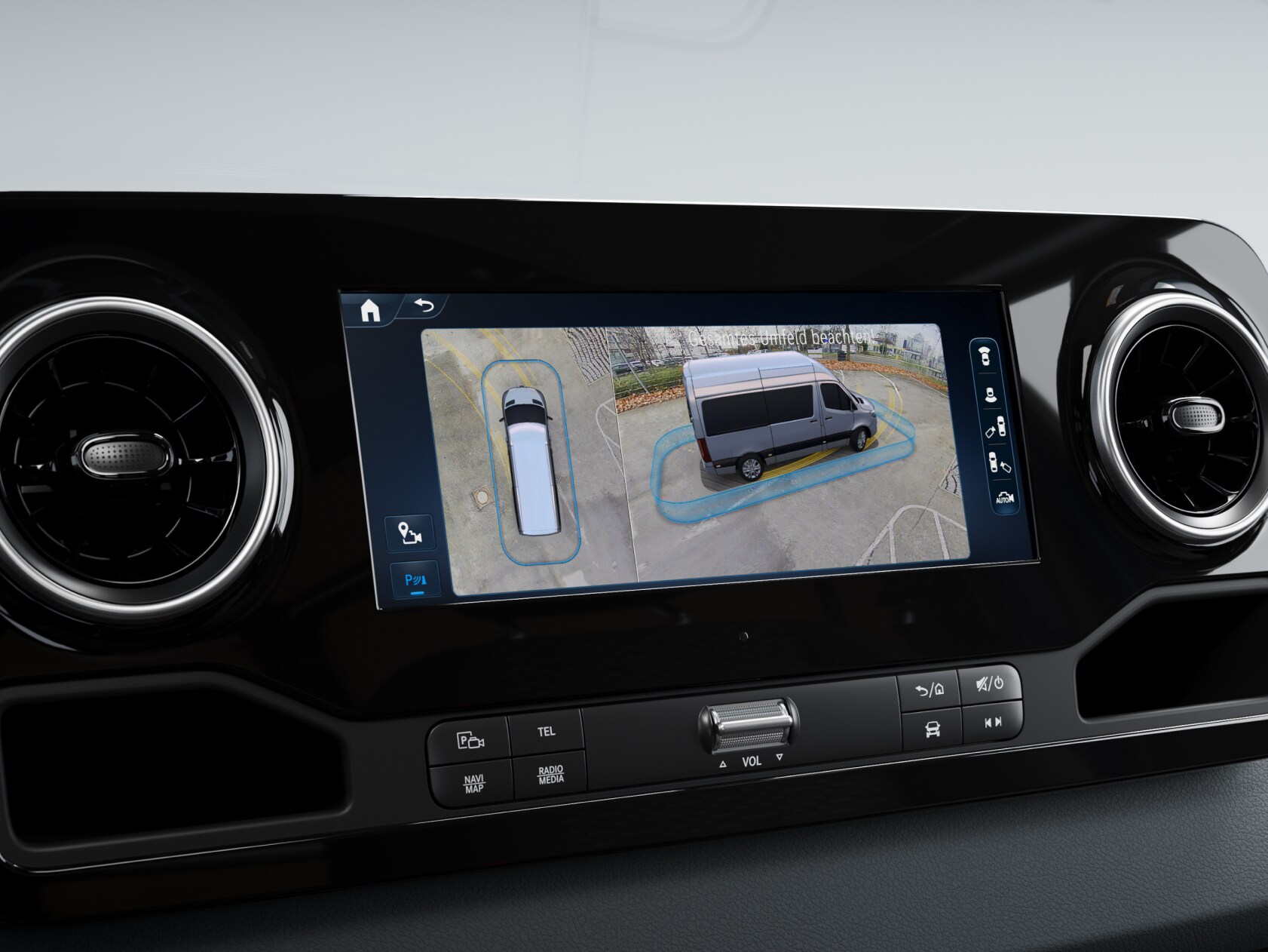 Visión omnidireccional en 3D del sistema multimedia MBUX en un furgón Mercedes-Benz.