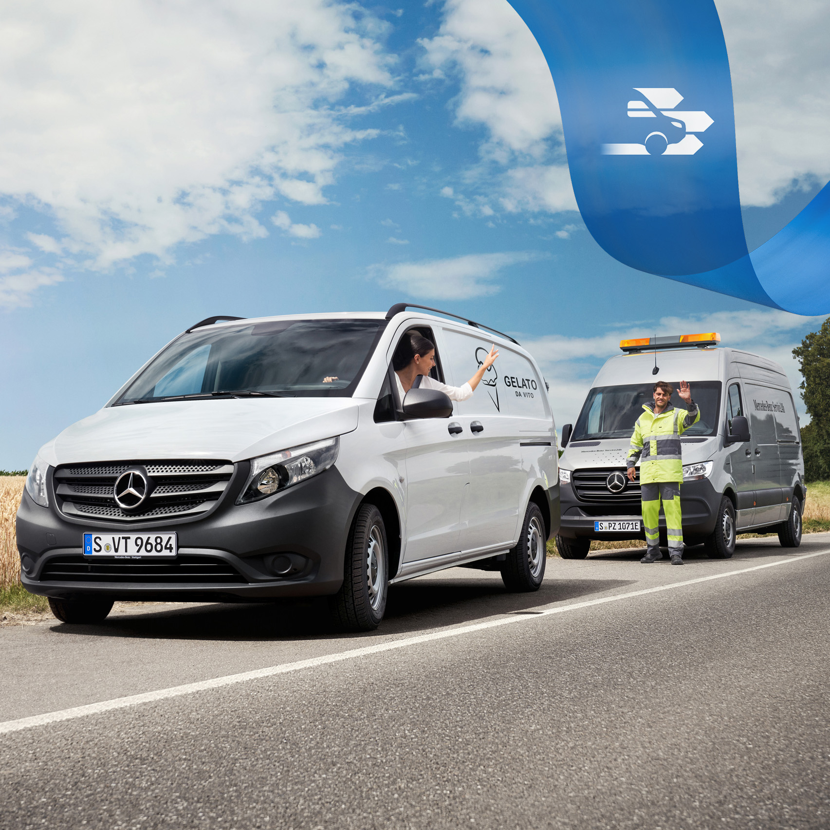 Mercedes-Benz | Cuidado de furgones | Service24h Asistencia competente cuando se trata de cuidados: Mercedes-Benz Service ayuda al conductor del furgón al borde de la carretera, ambos saludando amistosamente.