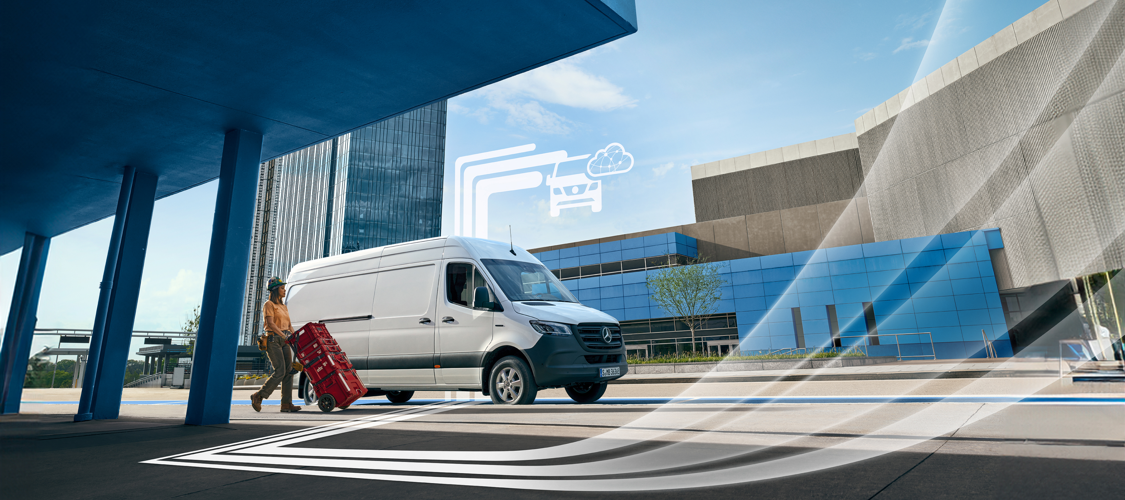Extras digitales adicionales | Extras digitales | Mercedes-Benz Una furgoneta Mercedes-Benz con elementos gráficos que representan los extras digitales.