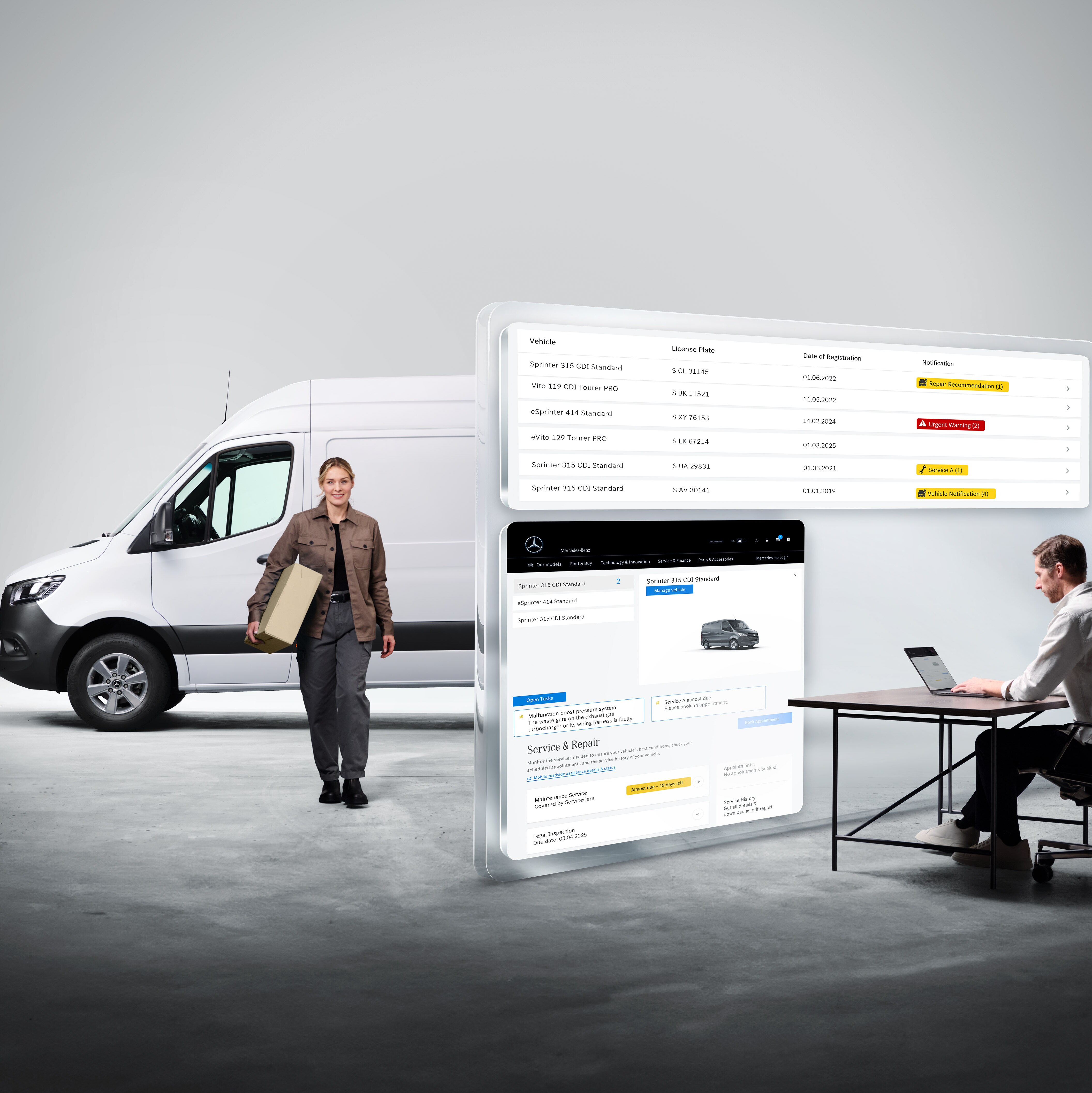 Pantallas mostrando servicios digitales de Mercedes-Benz con personas y un Mercedes-Benz Sprinter al fondo.