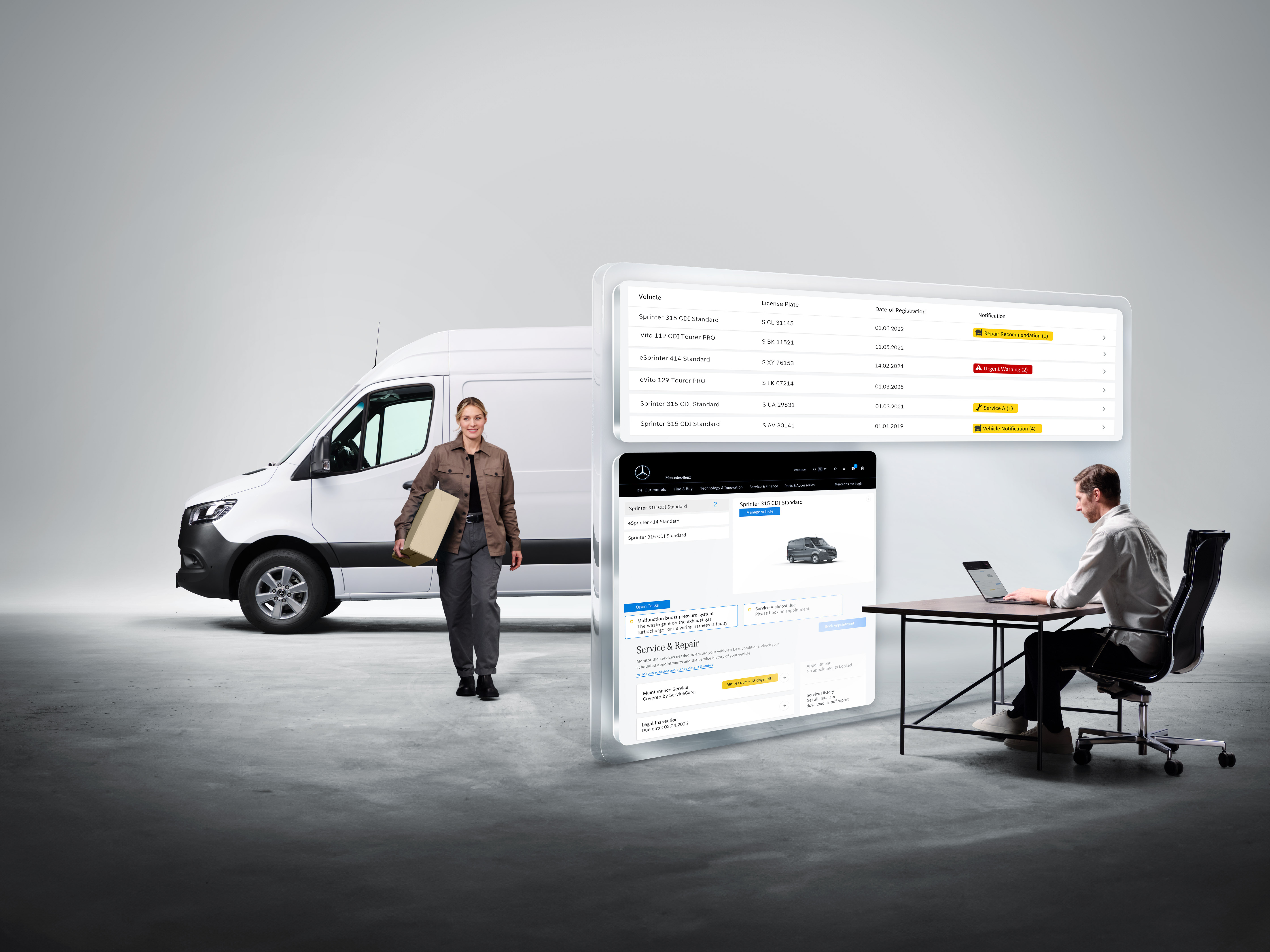 Van Uptime Monitor | Extras Digitales | Mercedes-Benz Pantallas mostrando servicios digitales de Mercedes-Benz con personas y un Mercedes-Benz Sprinter al fondo.