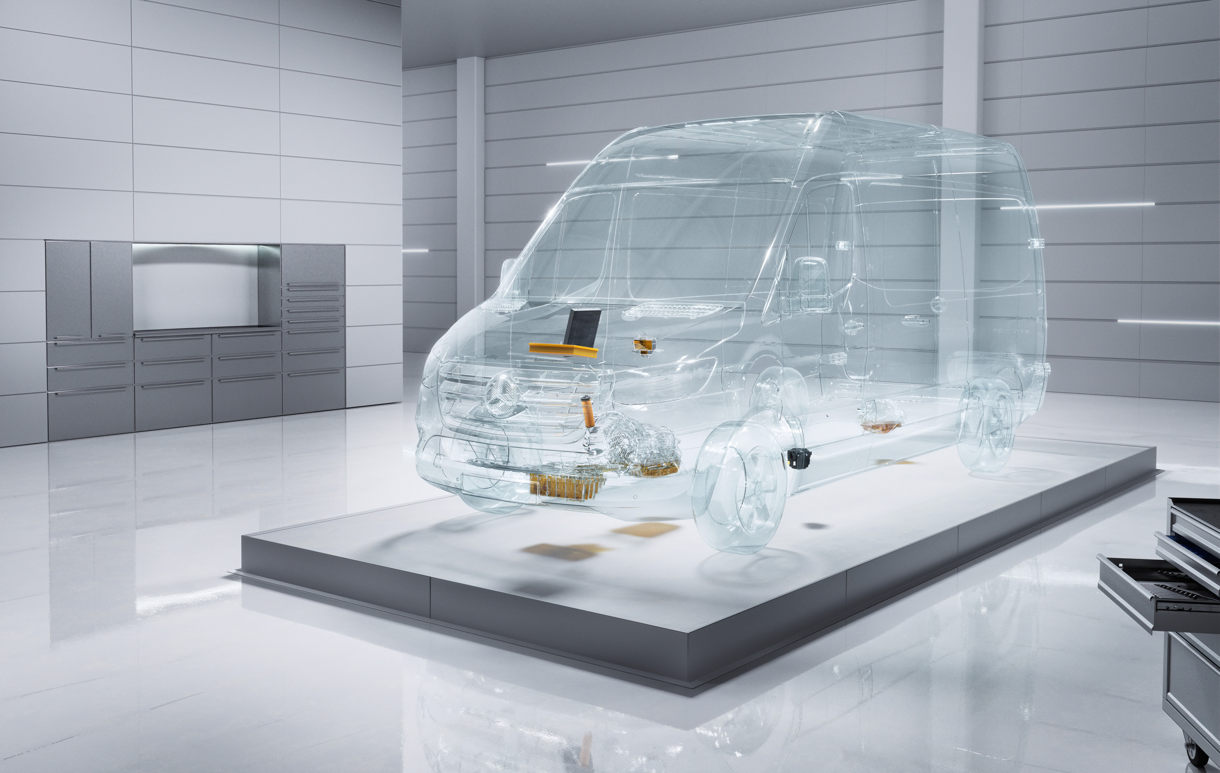 Mercedes-Benz | Servicios para flotas de furgones | ServiceCare un furgón Mercedes-Benz Sprinter virtual transparente en un taller.