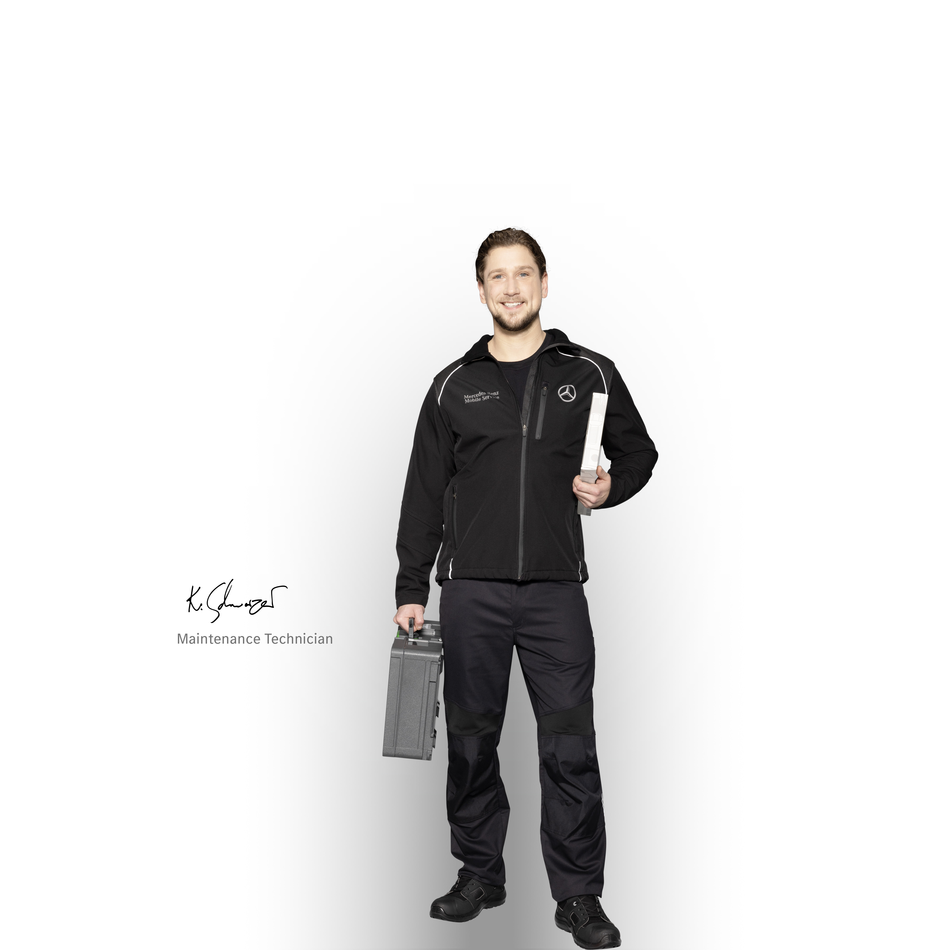 Mercedes-Benz | Servicio para furgones Técnico de mantenimiento de servicio móvil Mercedes-Benz listo para prestar apoyo.