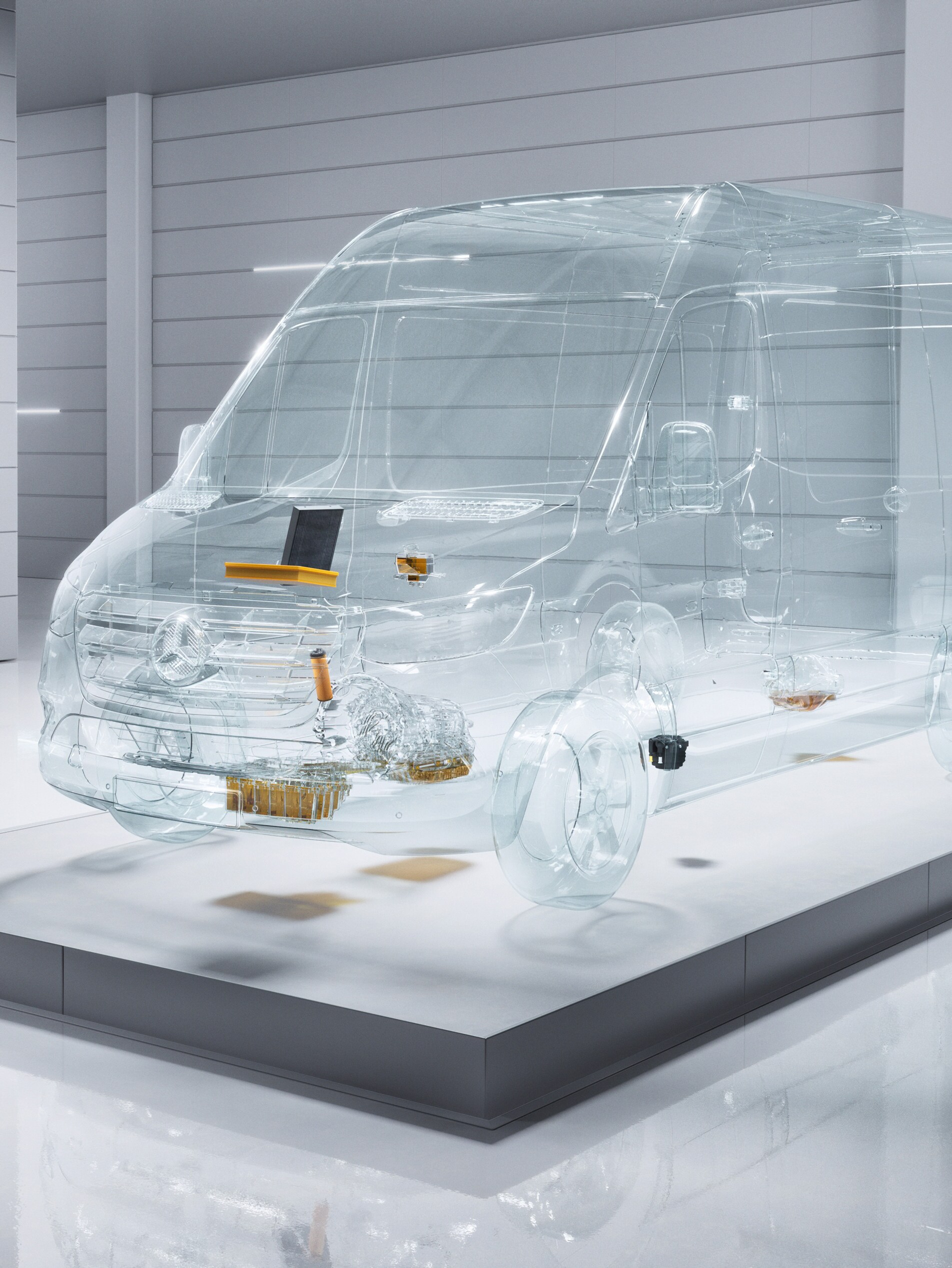 un furgón Mercedes-Benz Sprinter virtual transparente en un taller.