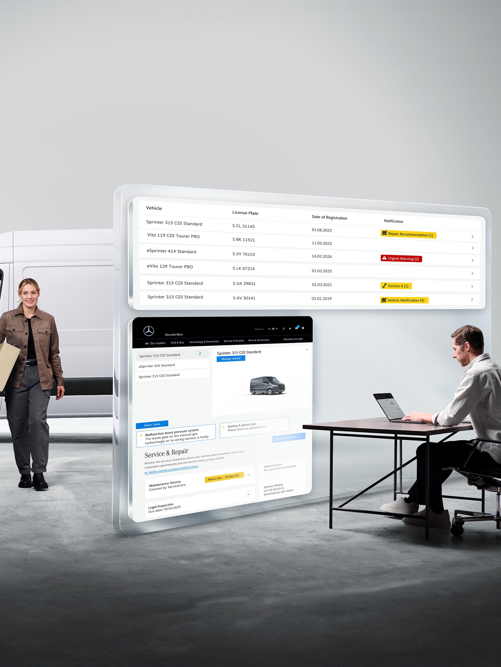 Diagnóstico digital de Mercedes-Benz: hombre con ordenador portátil, mujer junto a furgón, visualización de datos de diagnóstico virtual.