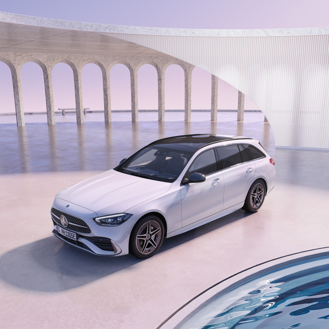 Oferta | Clase C Estate PHEV | Mercedes-Benz visual lateral de un Cllase C Estate blanco sobre un fondo color lila con columnas detrás