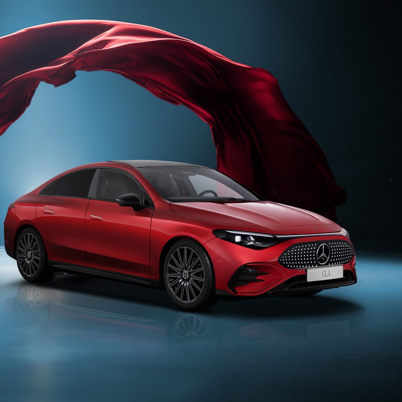 Visual de un Clase A blanco y un CLA rojo de Mercedes-Benz con una cortina roja volando sobre ellos