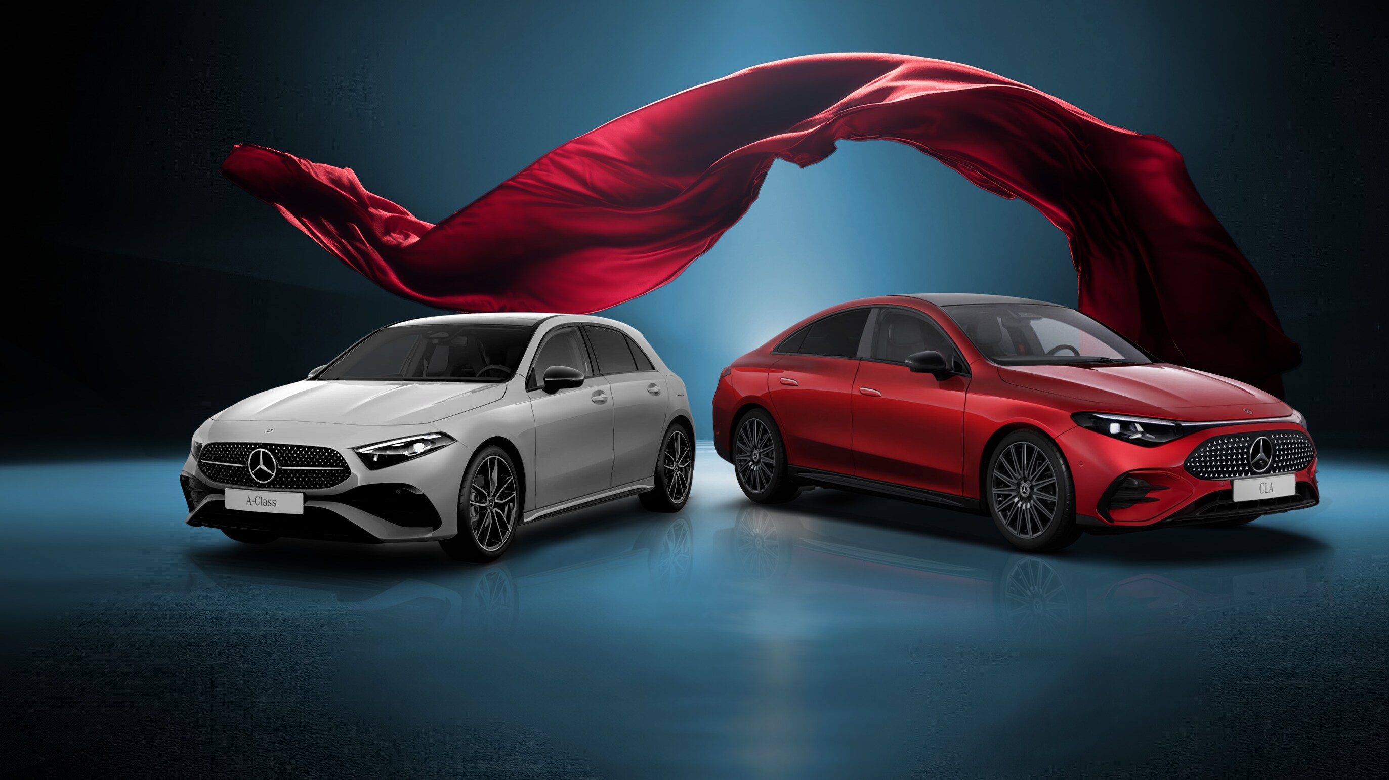 Visual de un Clase A blanco y un CLA rojo de Mercedes-Benz con una cortina roja volando sobre ellos
