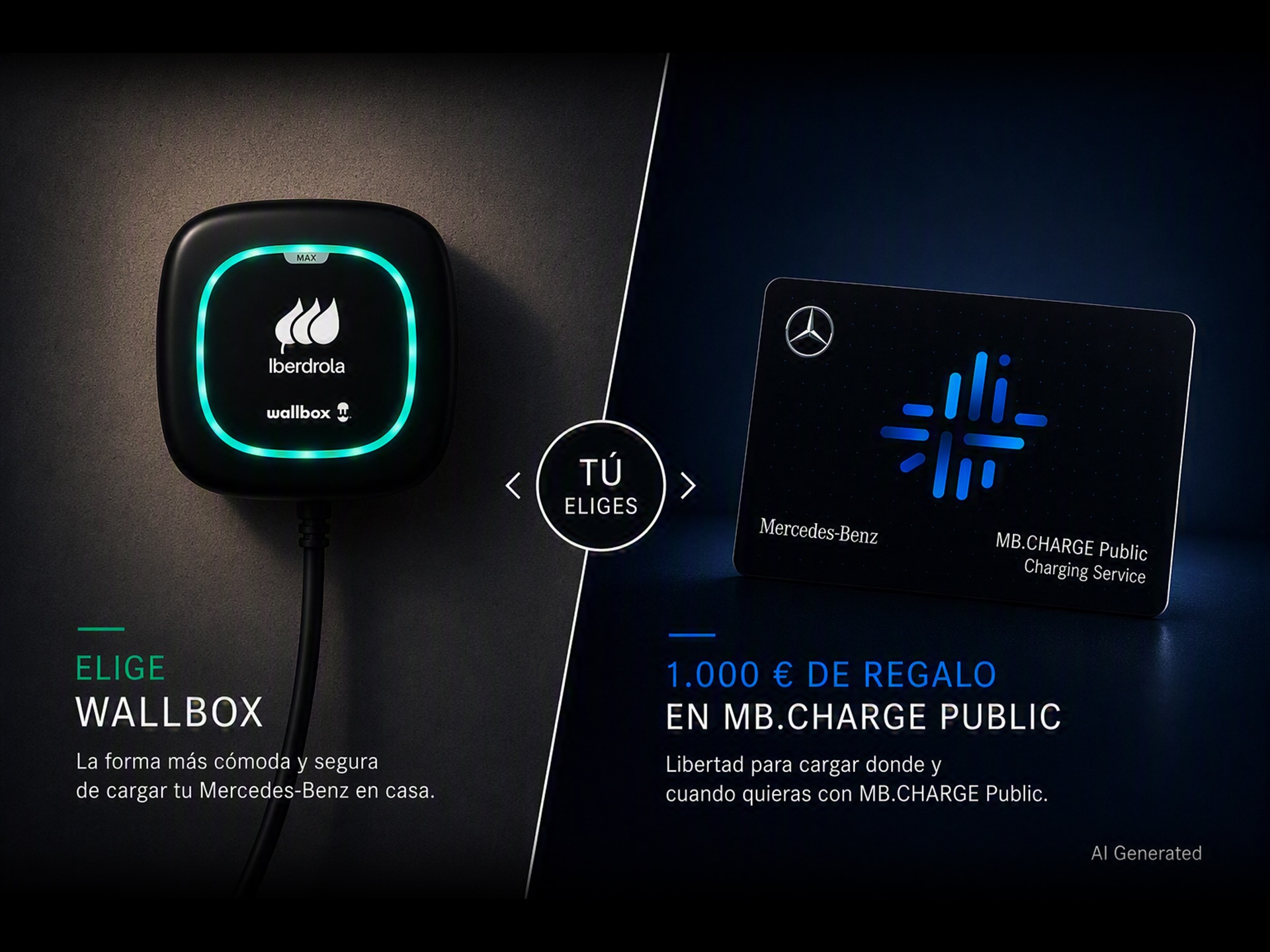 Plug and Go | Mercedes-Benz Banner de promoción del cargador Plug and Go y la tarjeta de carga de Mercedes-Benz.