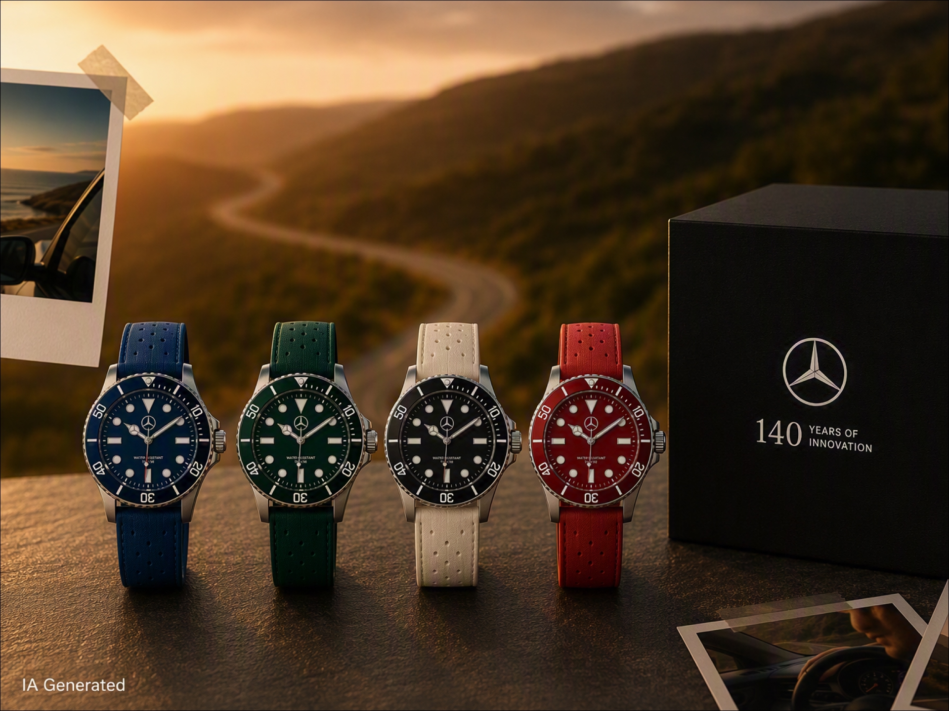 Relojes | Mercedes-Benz visual de 4 relojes en colores azul, rojo, blanco y verde con una caja negra de envoltorio con el logo de Mercedes-Benz a la derecha