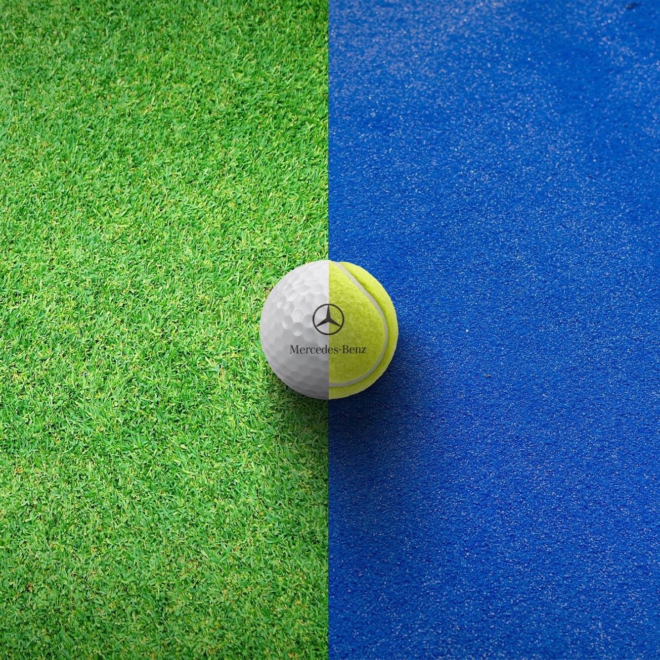 Visual de una pelota de golf y una de pádel de Mercedes-Benz
