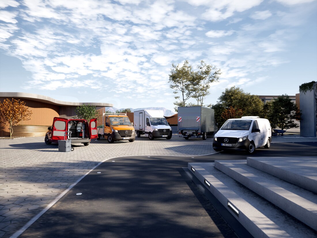 Varias furgonetas Mercedes-Benz con distintos tipos de carrocería situadas en una moderna plaza, mostrando diversas posibilidades de aplicación.