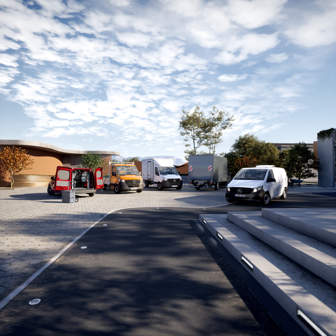Diversidad de furgonetas Mercedes-Benz: soluciones eficientes de carrocería e industriales para cada aplicación. Varias furgonetas Mercedes-Benz con distintos tipos de carrocería situadas en una moderna plaza, mostrando diversas posibilidades de aplicación.
