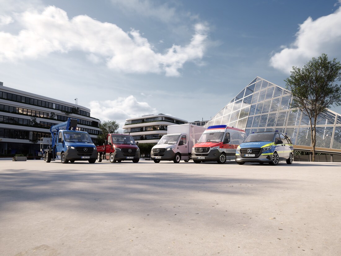 Diversas furgonetas Mercedes-Benz con diferentes configuraciones de carrocería se muestran en entornos urbanos e industriales, listas para una amplia gama de aplicaciones.
