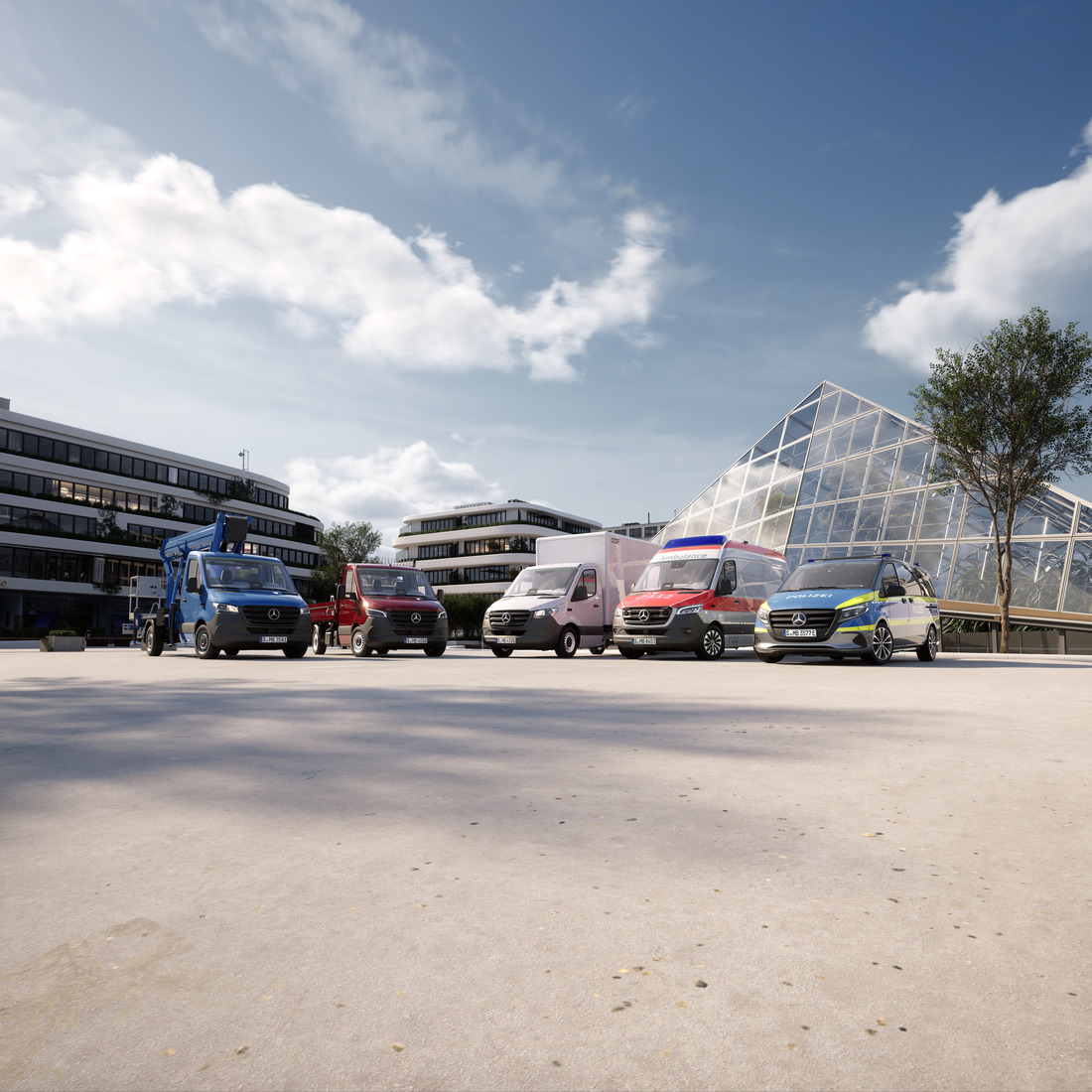 Diversidad de furgonetas Mercedes-Benz:- Vito y Sprinter en varias configuraciones de carrocería y tipos de aplicación. Diversas furgonetas Mercedes-Benz con diferentes configuraciones de carrocería se muestran en entornos urbanos e industriales, listas para una amplia gama de aplicaciones.