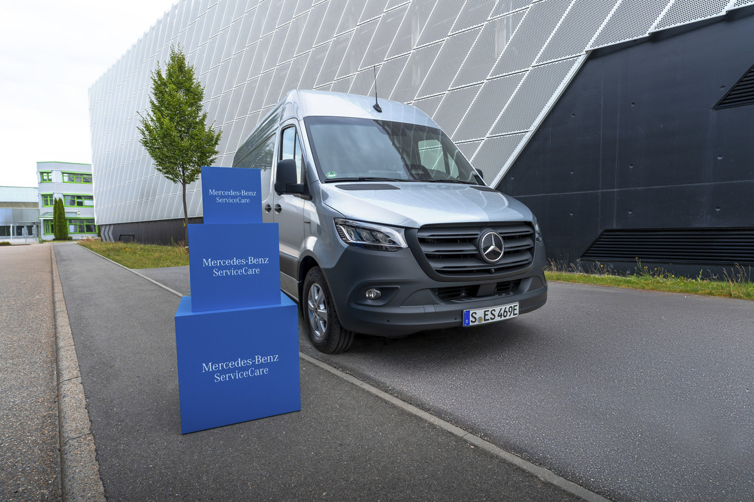 Mercedes-Benz | Van ServiceCare Mercedes-Benz eSprinter estacionada frente a un edificio moderno junto a elementos promocionales de Mercedes-Benz ServiceCare, destacando las soluciones de mantenimiento y servicio para vehículos comerciales.